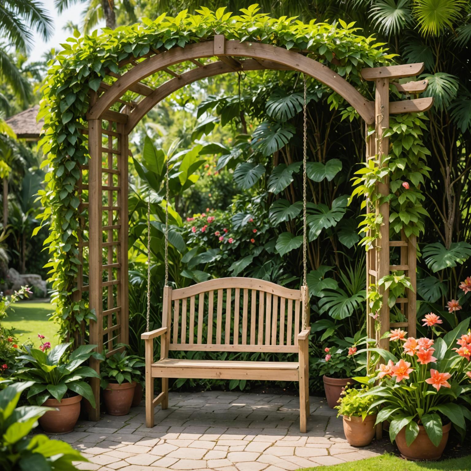 Wooden garden swing arbor with arched top and flowering vines