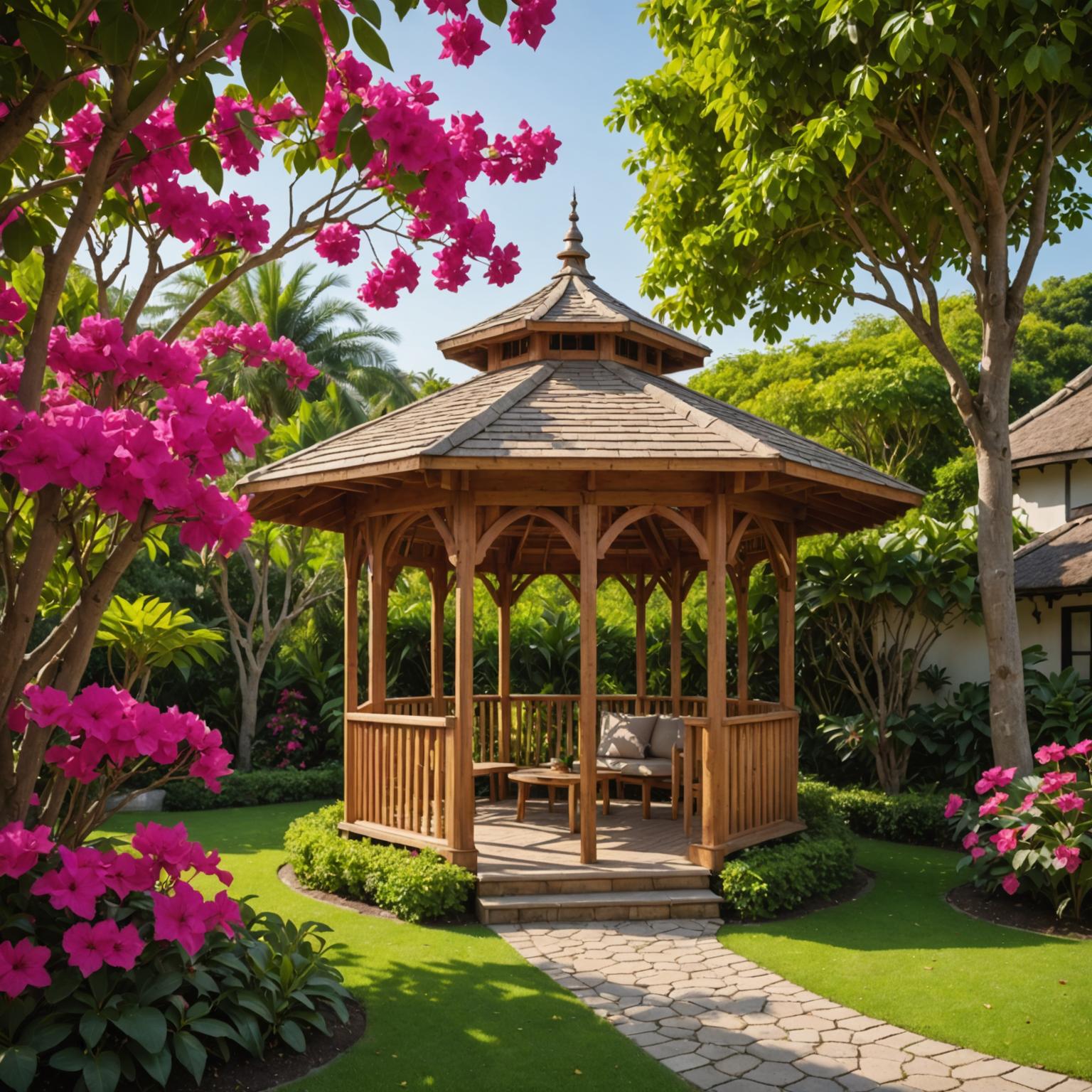 Hexagonal cedar pavilion under tropical canopy