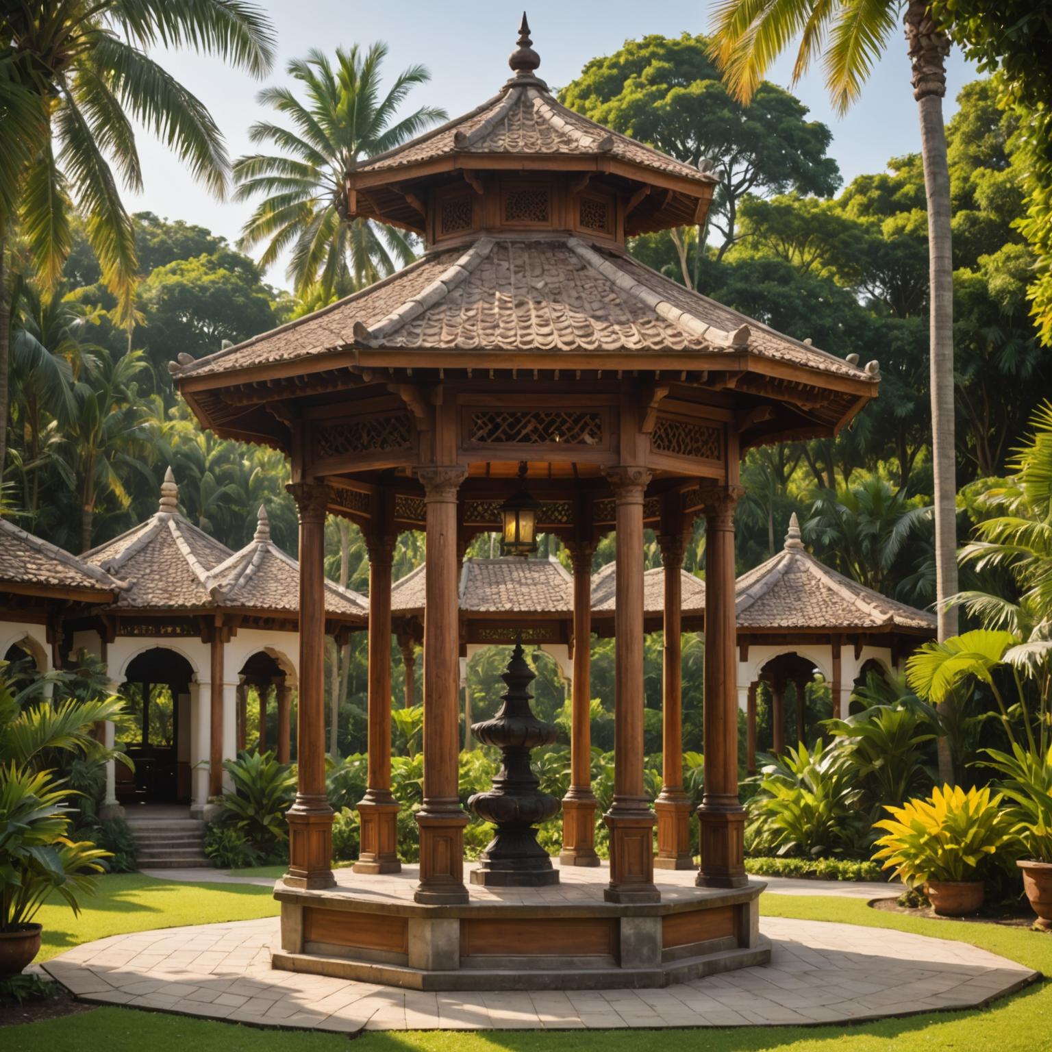 Octagonal pavilion with tiled roof and central finial