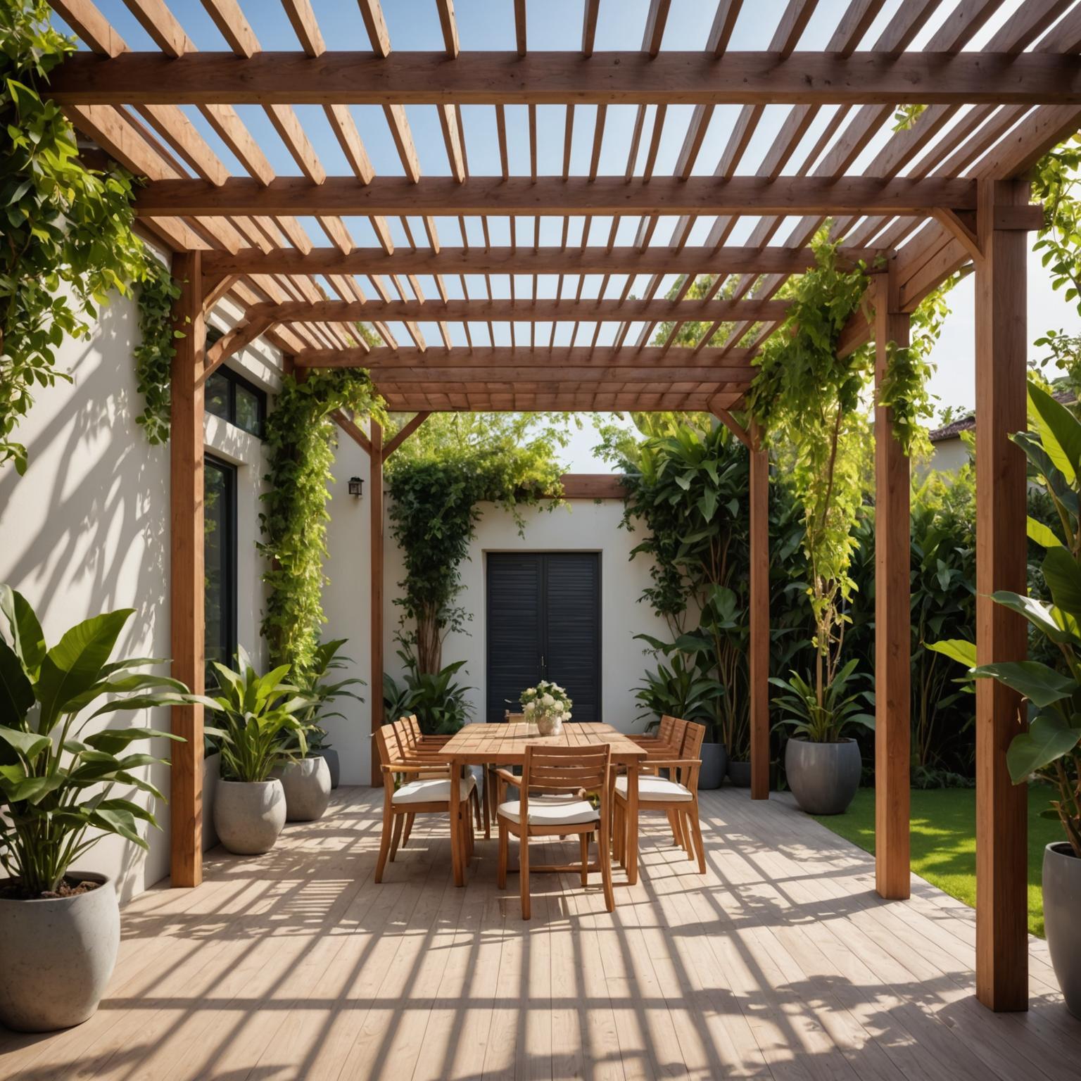 Modern villa pergola with crossed timber rafters