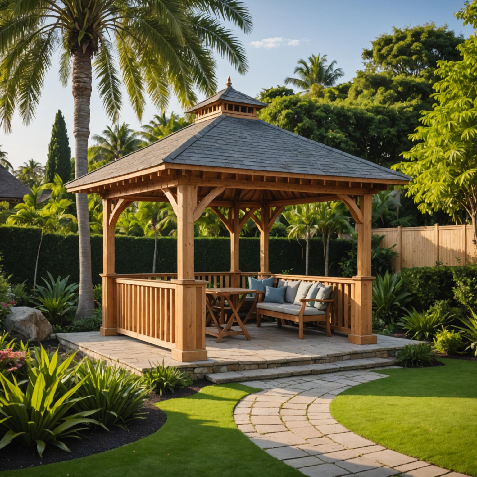 Rectangular timber gazebo with shingle roof on a stone-paved lawn