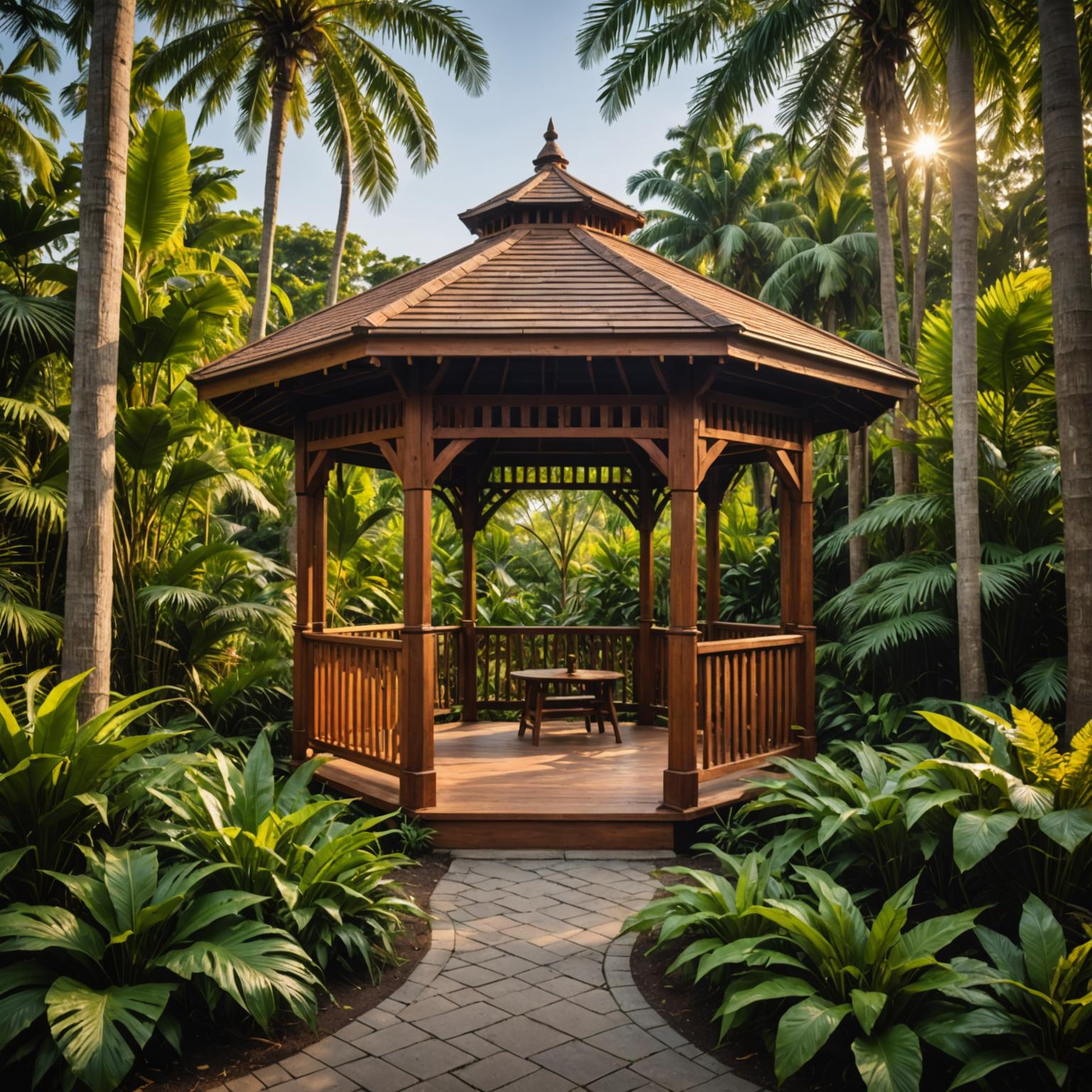 Hexagonal hardwood pavilion in a tropical Malaysian garden at golden hour