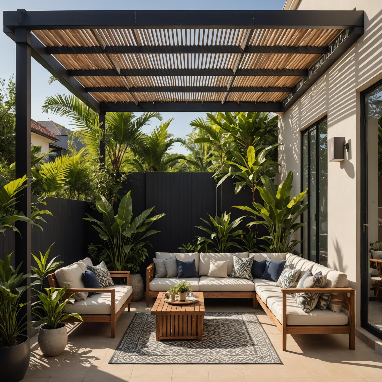 Modern villa balcony pergola with shadow-pattern slats