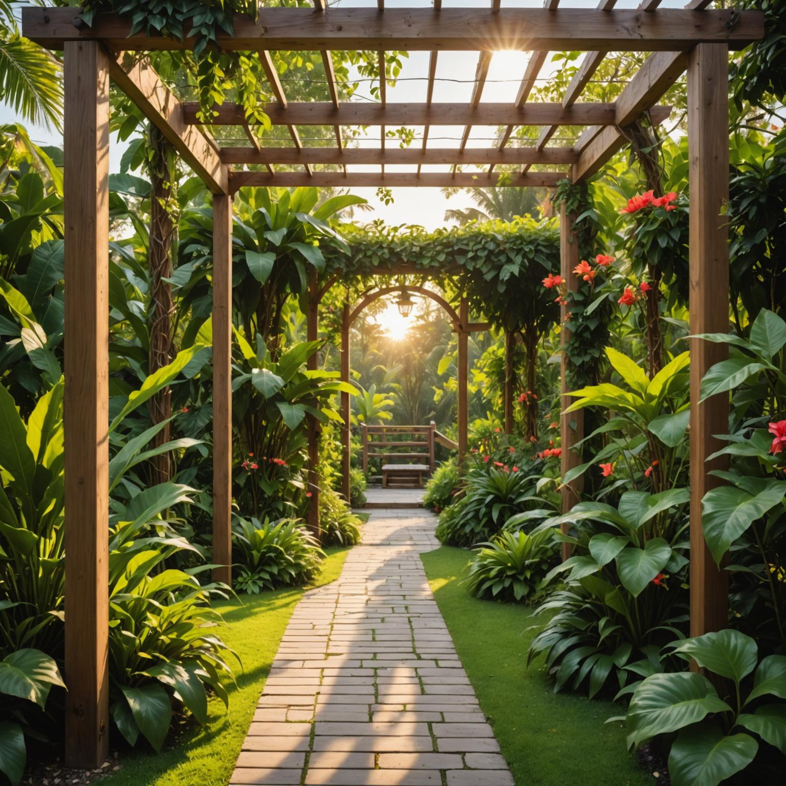 Pergola walkway in a private tropical garden, golden-hour light