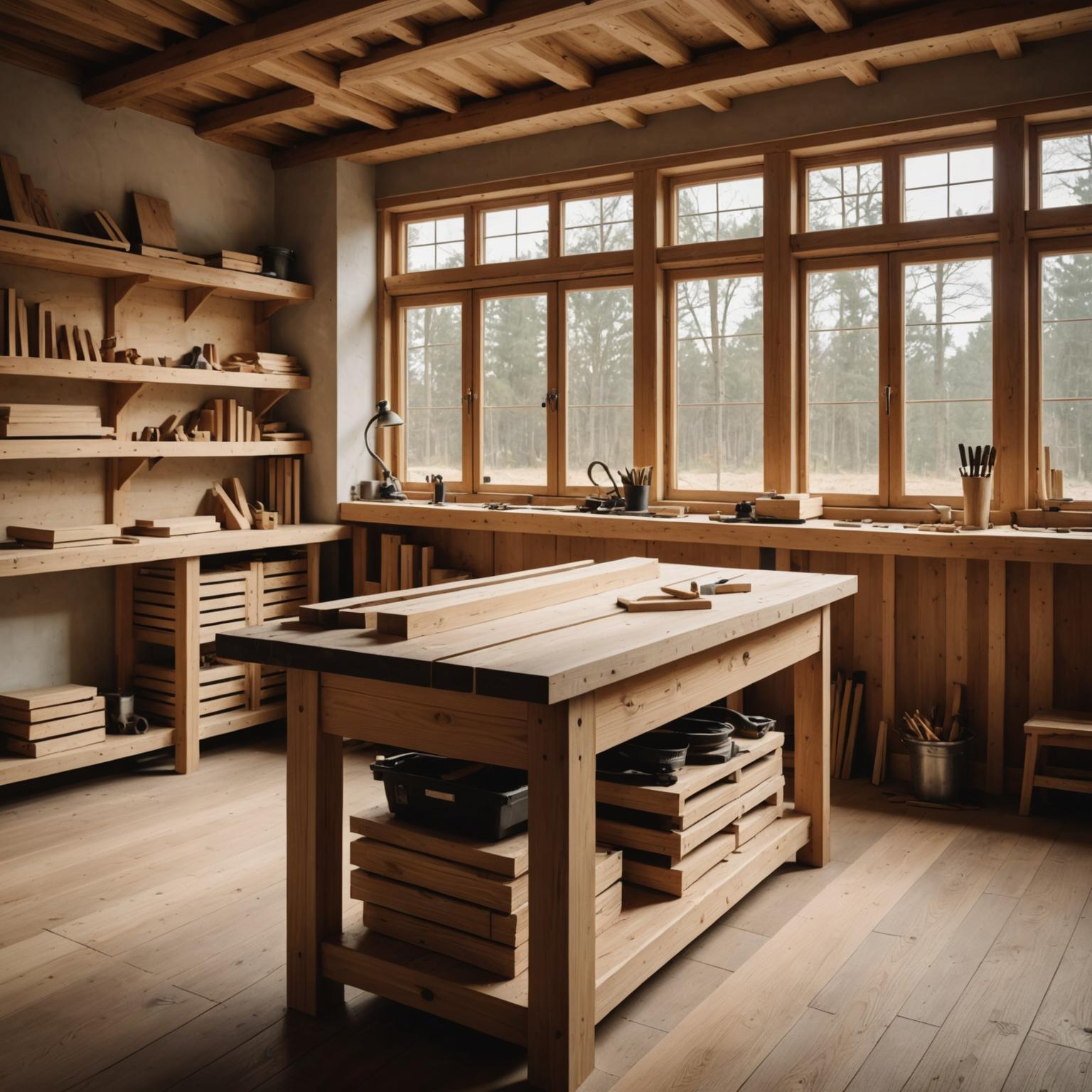 Workshop interior with stacked planks of cedar and walnut hardwood under warm light